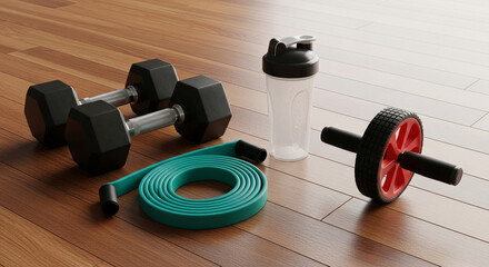 Dumbbell, shaker, elastic band and ab wheel on a wooden floor representing fitness training and workout equipment for healthy lifestyle