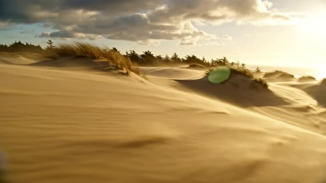 Dramatic wind blows over golden sand dunes with silhouetted trees under a cloudy sky near the ocean