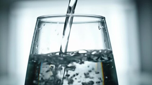 Ultra-slow motion pristine water: dynamic splashes, intricate ripples, bubbles. Macro textures; pouring into sleek glass on pure white background. Natural purity and hydration concept