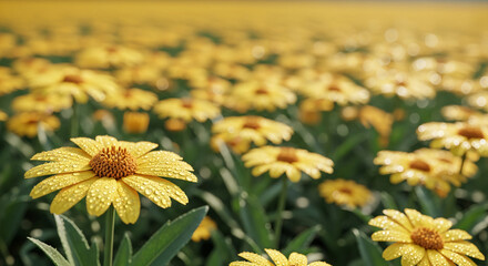 Close-up of a yellow flower covered in water droplets, showcasing freshness and purity, representing nature's beauty and a new beginning