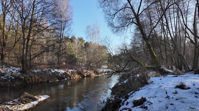 Winter and snow on the small Grabia River, Poland.