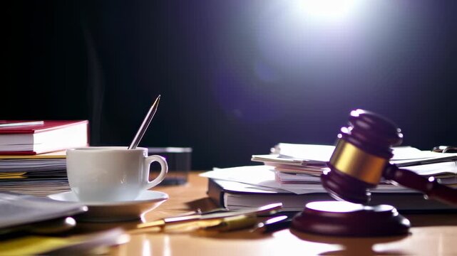 Law office desk cluttered with documents, books, a gavel, and a steaming cup of coffee