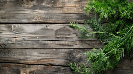 A bunch of fresh dill on a wooden board, fragrant herbs and seasoning.