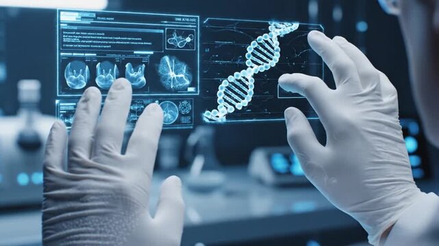 Scientist interacts with DNA helix on digital interface in laboratory setting