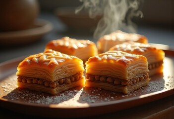 Golden Baklava Layers with Honey Nut Center Pastry Delight in Rustic Bakery Setting