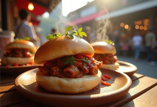 Fluffy Bao Buns Stacked High with Braised Pork Belly and Savory Toppings in a Relaxed Street Food Environment