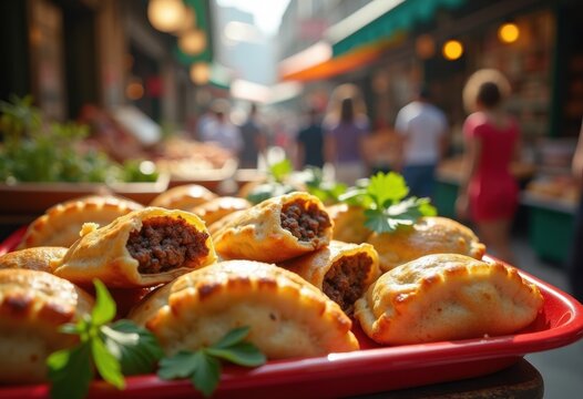 Market Stall Vibrance Empanada Showcase Flavorful Savory Filling Textures Radiant Palette Fresh Delights