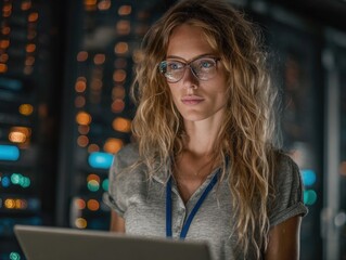 Female IT Specialist Working in Modern Data Center. Ideal for tech blogs, cybersecurity articles, cloud computing platforms, IT recruitment, and corporate presentations.