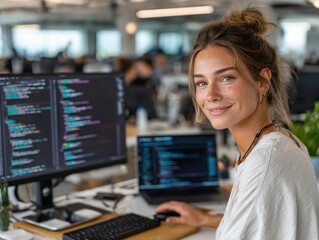 Smiling Female Software Developer Working in Modern Office. Ideal for tech company websites, recruitment campaigns, diversity initiatives, and software development blogs.