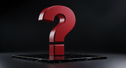 Red question mark stands on a marble platform against a dark backdrop, representing inquiry, uncertainty, and problem-solving, suitable for educational content