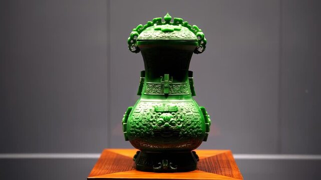 Ornate green jade vase with intricate carvings