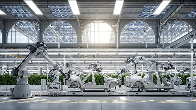 Robotic arms on an automated car assembly line in a modern, clean automobile factory, showcasing advanced industrial manufacturing and efficiency in a bright, sunlit plant.