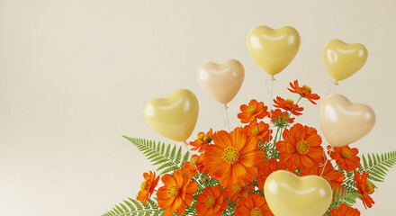 Arrangement of orange flower and fern leaves with heart-shaped balloons, against light background, representing love, affection and joyous occasion