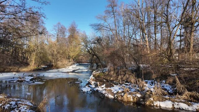 Winter and snow on the small Grabia River, Poland.