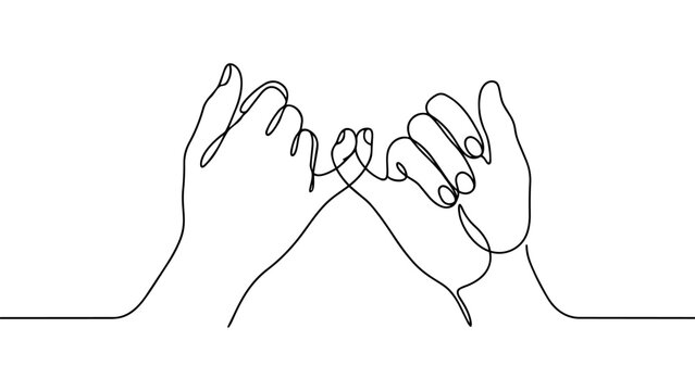 Minimal continuous one line illustration of two hands making a pinky promise gesture. Simple black line art symbolizing trust, commitment, friendship, and connection.