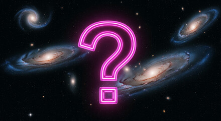 Neon pink question mark against a space backdrop filled with galaxy; concept representing uncertainty, search, unknown, perfect for educational themes