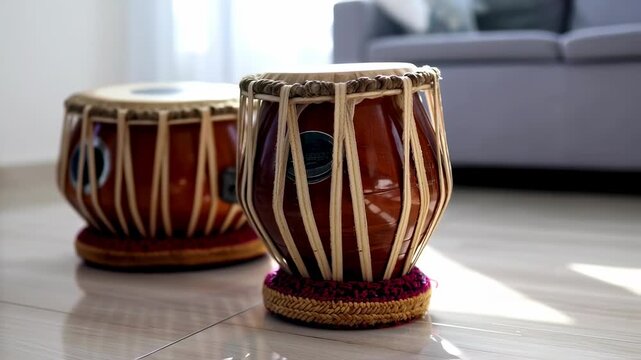 Two brown tabla drums on a light floor