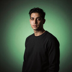 Obraz premium Grainy, glowing green background with blurred light gradient and black/green dark backdrop