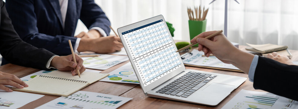 Accounting software on computer screen showing financial statement spreadsheets and account balance of corporate business offer accountant a fine calculation accounting brisk