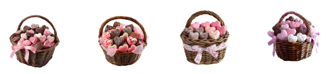 Four woven baskets filled with fluffy pink and white decorative elements on transparent background high quality