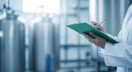 Laboratory technician in white lab coat writing on clipboard in industrial facility with large metal equipment.
