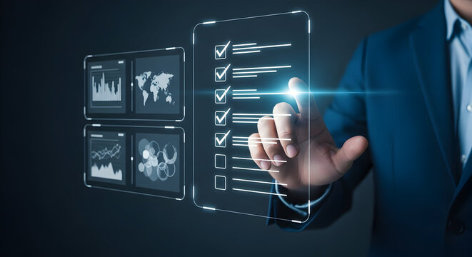 Business professional interacting with virtual interface displaying data analytics and checklist on transparent digital screens - Powered by Adobe