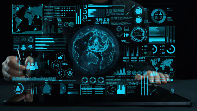 Explore a futuristic digital communication network interface showcasing interactive analytics and global data visualization for business insights and decision-making. Cipher - Powered by Adobe