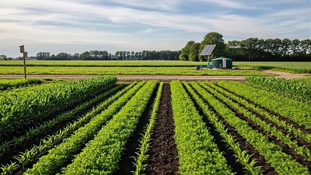 Lush green agricultural field with rows of growing crops under a bright blue sky with scattered clouds in a rural landscape.
