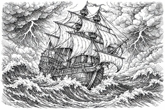 Dramatic line drawing of an old sailing ship heaving through towering waves under storm clouds and lightning, perfect for adventure stories, posters, or nautical themed coloring pages.