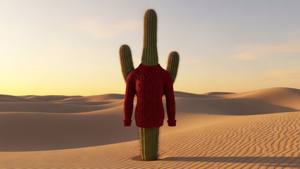Surreal desert landscape featuring tall saguaro cactus wearing red knitted cable-knit sweater, standing under soft pastel sunset sky with rolling sand dunes, artistic fashion statement nature scene