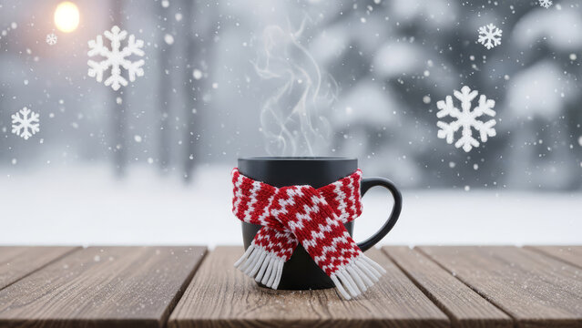 Steaming black mug with red and white striped knitted scarf on rustic wooden table, snowflakes falling in blurred winter wonderland background, cozy warm beverage concept