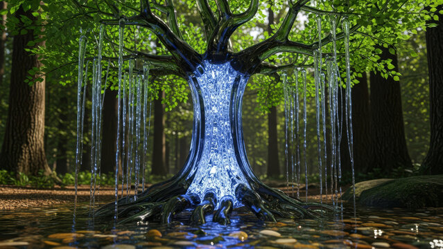 Magical glowing tree with luminous blue core and cascading water droplets in dark forest setting with mossy ground