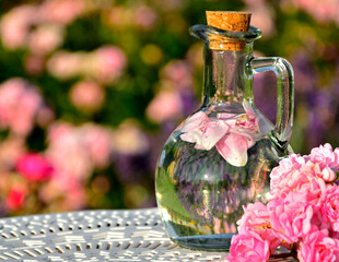 woda różana w szkalnej butelce z korkiem, woda aromatyzowana płatkami róży w butelce, rose water in a glass bottle, water flavored with rose petals in a bottle, Rose water in a glass bottle © kateej
