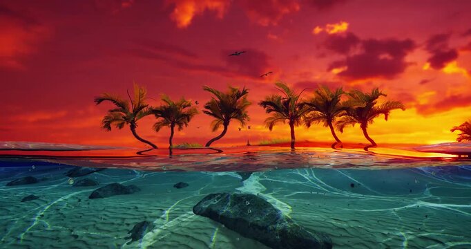 3D Animation of Tropical Beach at Sunset, Romantic Travel Getaway with Exotic Island, Palm Trees, Ocean Waves, Paradise Holiday