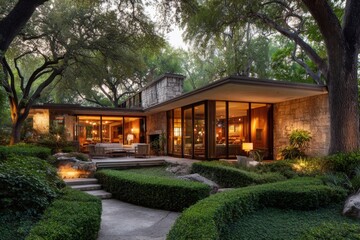 Obraz premium A contemporary house featuring expansive windows, nestled amid lush trees and vibrant gardens, beautifully illuminated by the warm glow of evening light