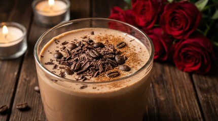 Delicious chocolate mocha coffee drink topped with shavings and beans