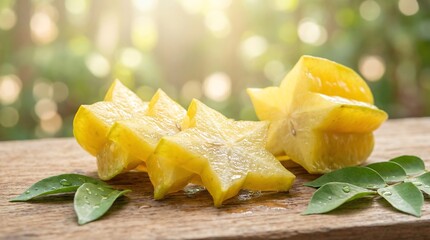 Fresh sliced carambola star fruit on wooden board with bright sunlight