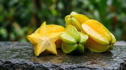 Fresh wet star fruits on dark wet stone with green foliage background