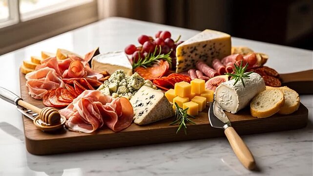 Luxurious charcuterie board filled with assorted cheeses, cured meats, fruits, and crackers, beautifully arranged for a gourmet appetizer or social gathering.