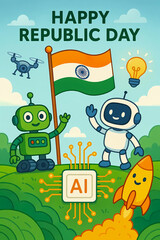 Fototapeta premium Happy republic day poster template for kids, Indian tricolor flag, robotic technology and ai, graphic design illustration wallpaper 