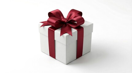Obraz premium White gift box with elegant burgundy satin ribbon on white surface