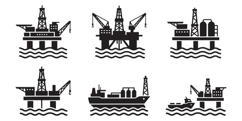 Fototapeta premium Offshore Oil Rig and Energy Platform Silhouette Icons Set.