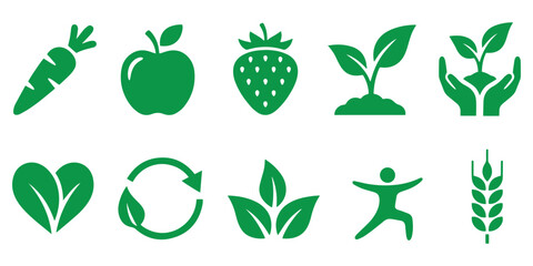Organic Food and Wellness Icons Set in Flat Vector Style.