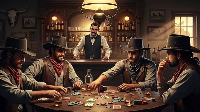 Four cowboys playing poker at a rustic saloon bar with a bartender in the background, showing a classic western gambling scene.