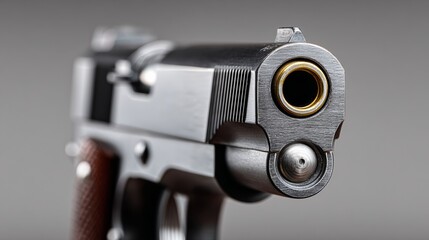 Obraz premium A close up of a gun with a brown grip. The gun is pointed at the camera. Concept of danger and power