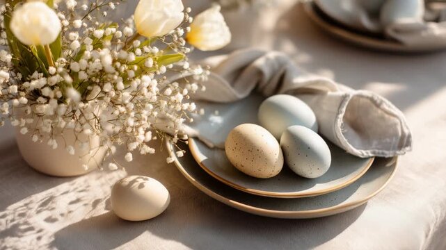 Elegant Easter table setting with pastel eggs on ceramic plates and fresh spring flowers, styled in soft natural light for a calm, refined seasonal atmosphere