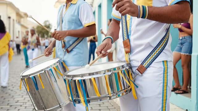 close up of musicians playing drums during a colorful street parade, celebrating cultural heritage, rhythm, and community in a festive outdoor setting