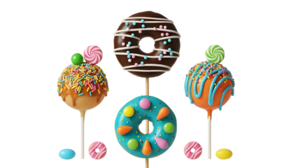 Colorful Assorted Donut and Cake Pop Lollipops with Sprinkles Isolated on White