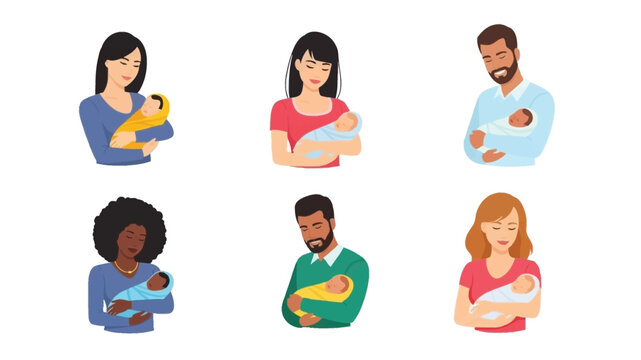 Diverse group of parents holding and cradling their newborn babies with love