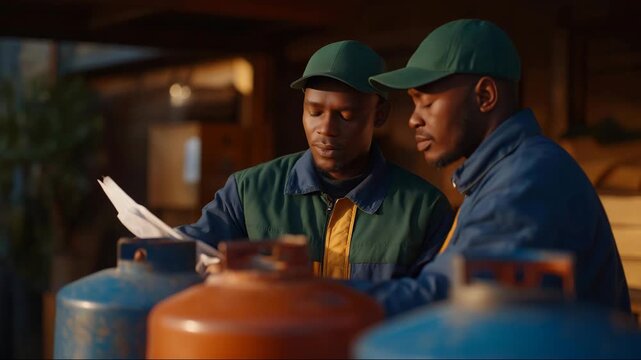 People involved in sorting full and empty cylinders inside a gas warehouse, clear organization expressing accountability, inventory tracking, and fuel distribution reliability. cinematic color